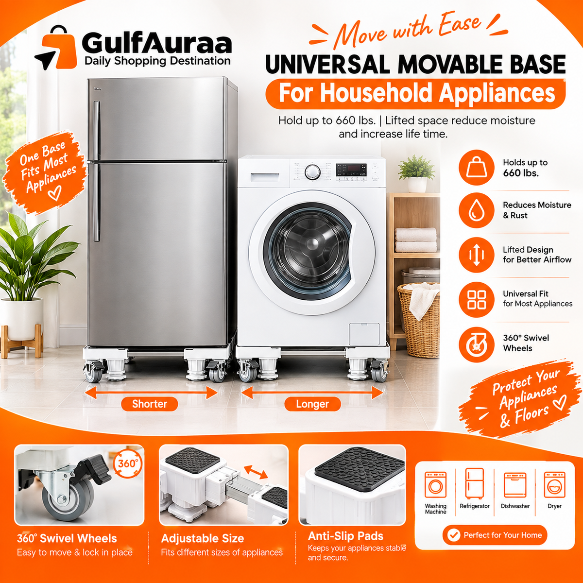 Adjustable Movable Base with Wheels – Washing Machine & Fridge Stand (Heavy Duty) قاعدة متحركة قابلة للتعديل بعجلات – حامل غسالة وثلاجة (تحمل عالي)