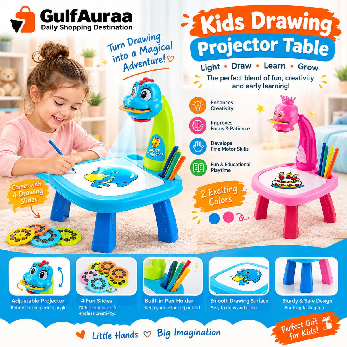 Kids LED Projector Drawing Table – Trace & Paint Learning Desk with Markers طاولة رسم بالبروجكتور للأطفال – طاولة تعلم الرسم بالإضاءة مع أقلام