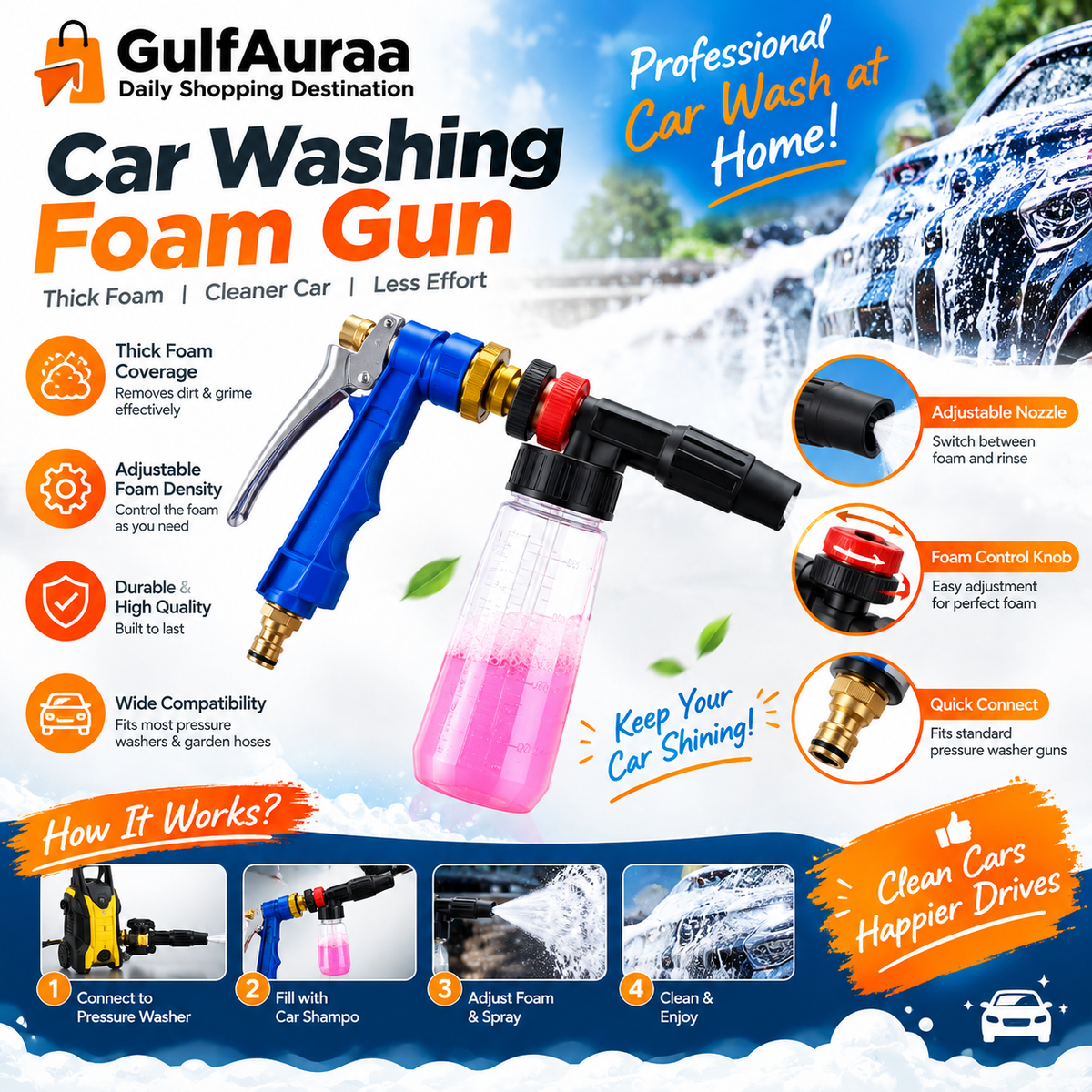 Foam Cannon Car Wash Gun – High Pressure Snow Foam Sprayer مسدس رغوة غسيل السيارات – بخاخ رغوة الثلج بضغط عالي