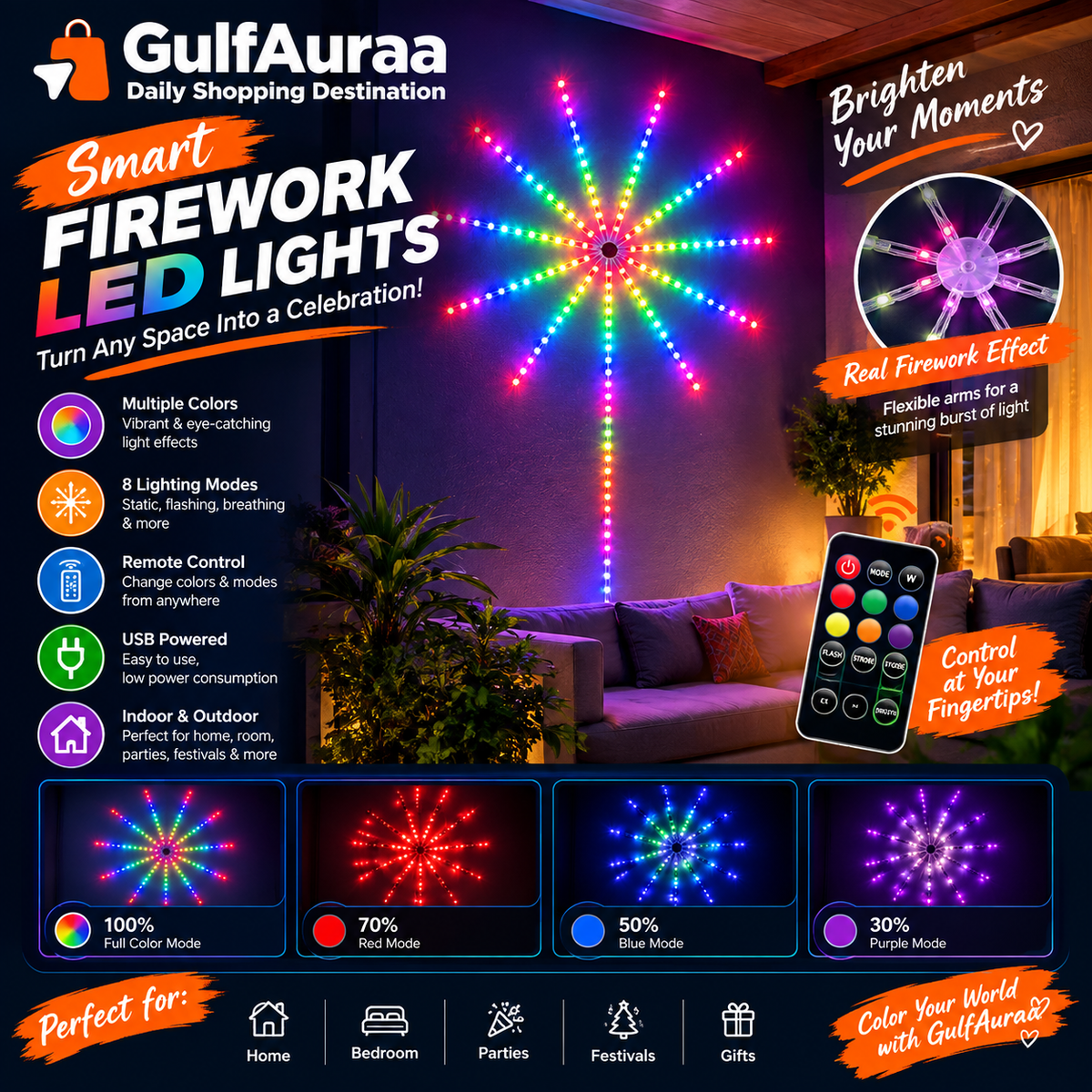 Smart LED Firework Lights – RGB Starburst Wall Decor with Remote Dimmer أضواء LED الألعاب النارية الذكية – إضاءة نجمية للحائط بريموت تحكم