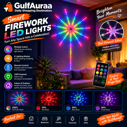 Smart LED Firework Lights – RGB Starburst Wall Decor with Remote Dimmer أضواء LED الألعاب النارية الذكية – إضاءة نجمية للحائط بريموت تحكم
