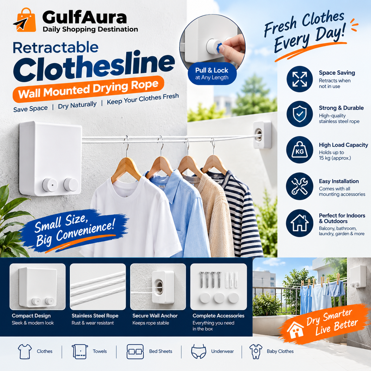 Retractable Clothesline – Wall Mounted Drying Rope, No Drill (4.2m) حبل غسيل قابل للسحب – معلق على الحائط بدون حفر (4.2 متر)