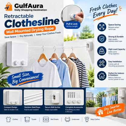 Retractable Clothesline – Wall Mounted Drying Rope, No Drill (4.2m) حبل غسيل قابل للسحب – معلق على الحائط بدون حفر (4.2 متر)